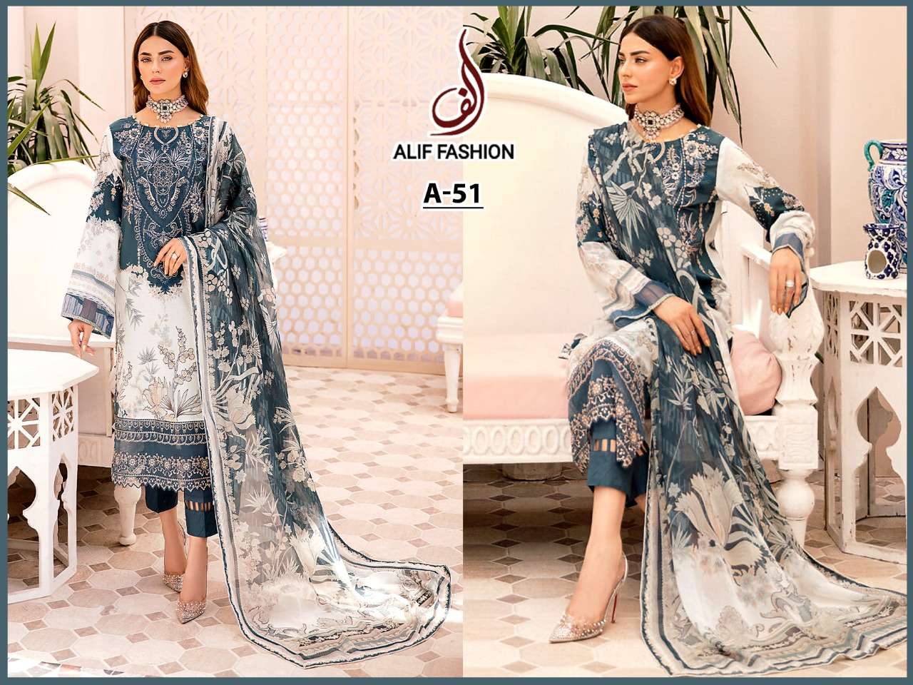 A-51 HIT DESIGN BY ALIF FASHION CAMBRIC EMBROIDERY PAKISTANI DRESS