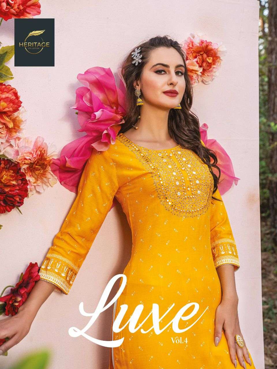 LUXE VOL-4 HERITAGE 401 TO 406 SERIES RAYON SEQUENCE WORK KURTI & PALAZZO