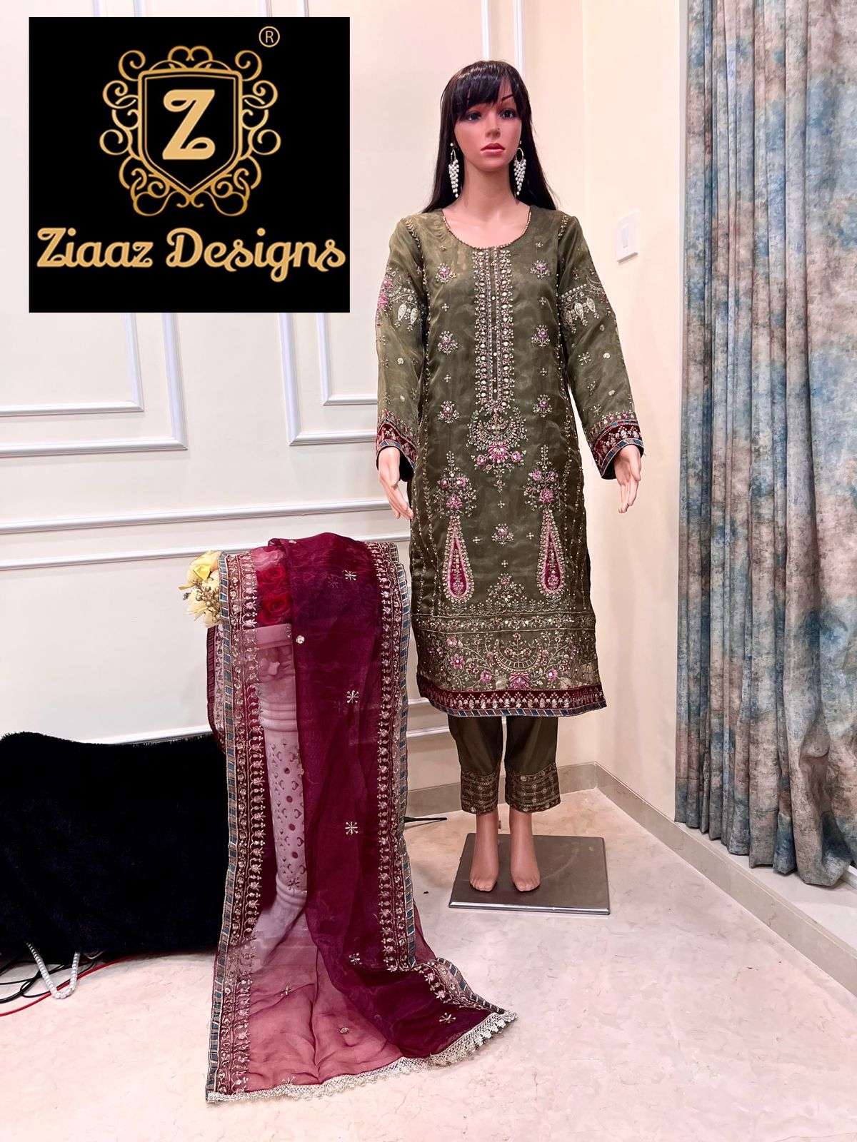 NOOR DARK OLIVE BY ZIAAZ DESIGNS ORGANZA EMBROIDERY PAKISTANI DRESS