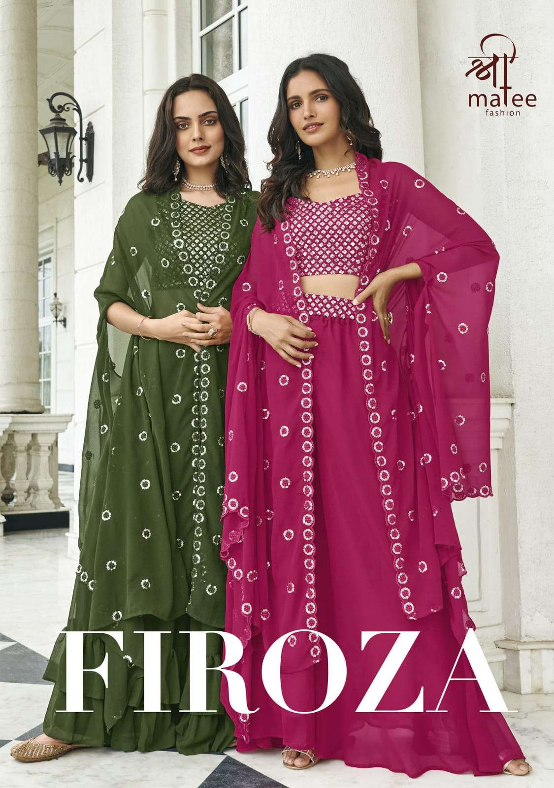 FIROZA BY SHREEMATEE FASHION 141 TO 144 SERIES FAUX GEORGETTE SHRUG & SHARARA DRESSES