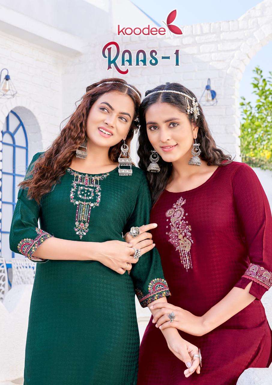 RAAS VOL-1 BY KOODEE 7001 TO 7006 SERIES RAYON KHATLI EMBROIDERY KURTIS