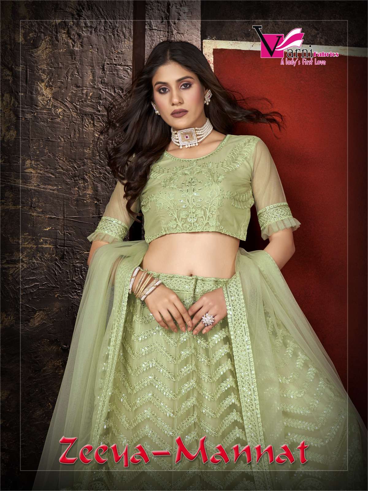 ZEEYA-MANNAT  BY VARNI FABRICS 14001 TO 14003 SERIES NET HEAVY WORK LEHENGAS