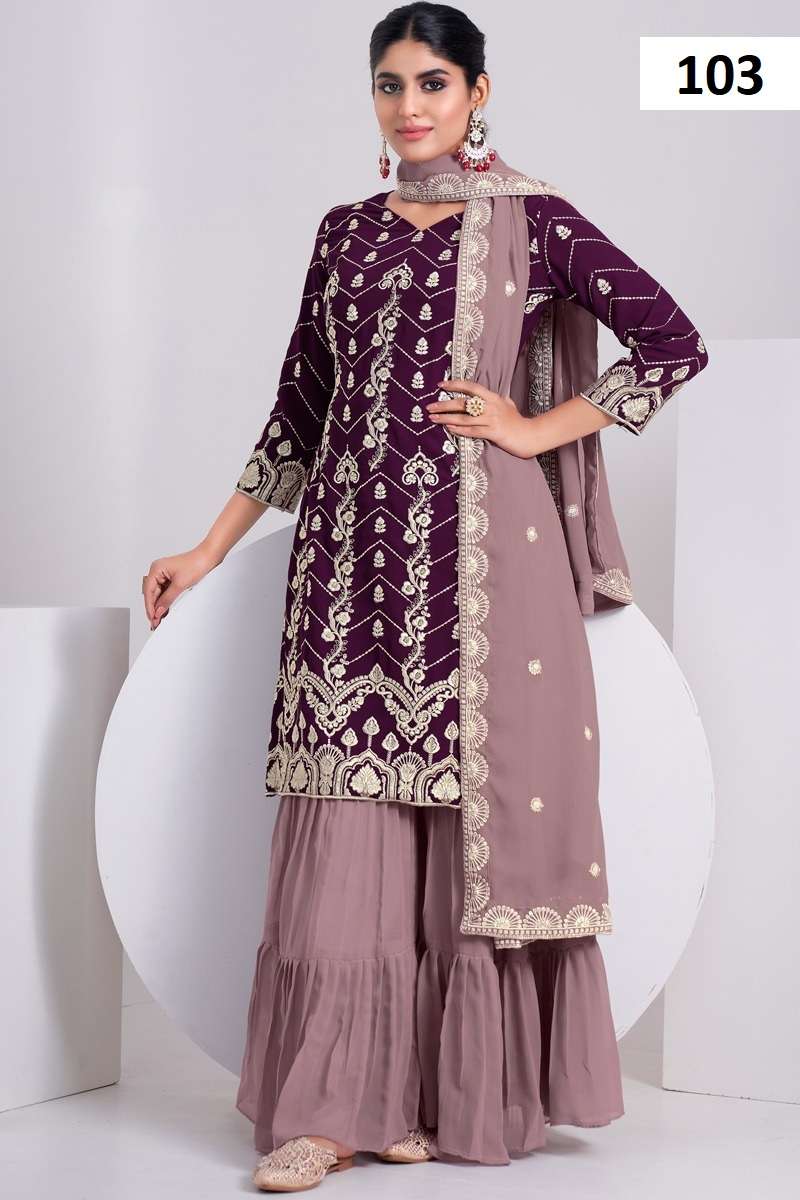 AD DESIGNS BY ASLIWHOLESALE 101 TO 104 FAUX GEORGETTE SHARARA DRESSES