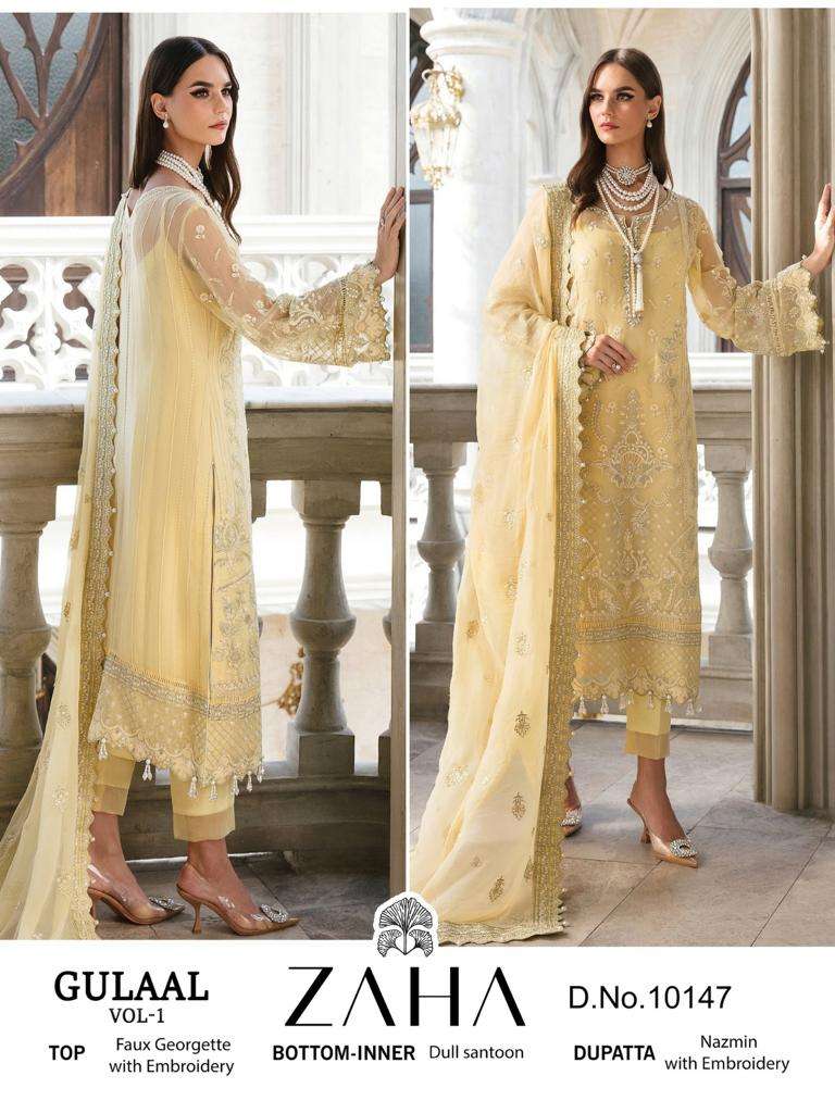 GULAAL VOL-1 BY ZAHA 10143 TO 10147 SERIES GEROGETTE PAKISTANI DRESSES