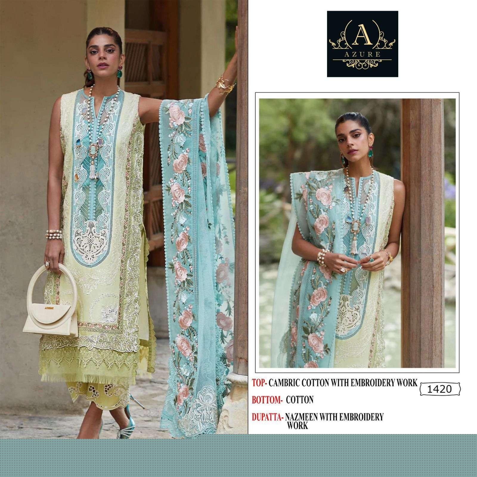 AZURE 1420 BY ASLIWHOLESALE HEAVY COTTON WORK PAKISTANI DRESS