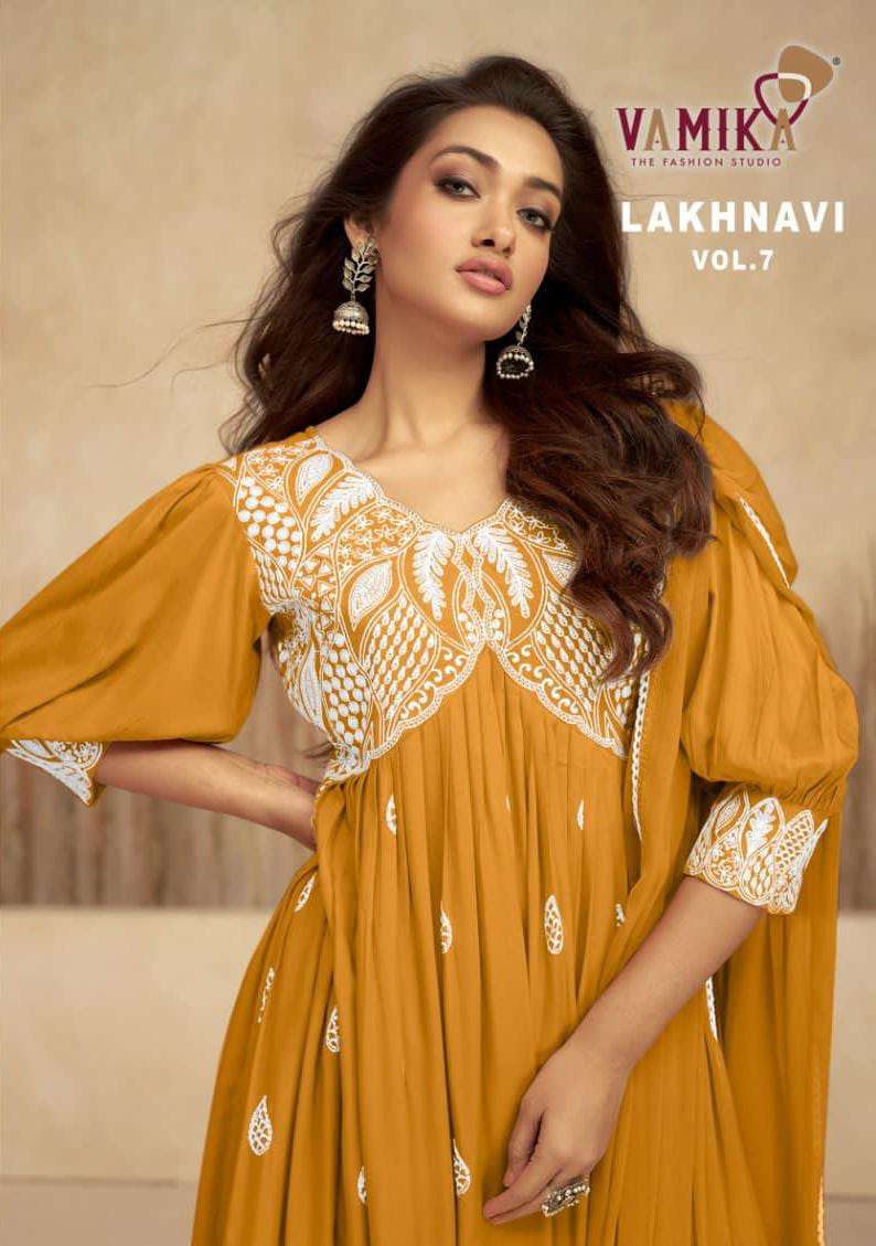 LAKHNAVI VOL-7 BY VAMIKA 1037 TO 1042 SERIES RAYON STITCHED DRESSES