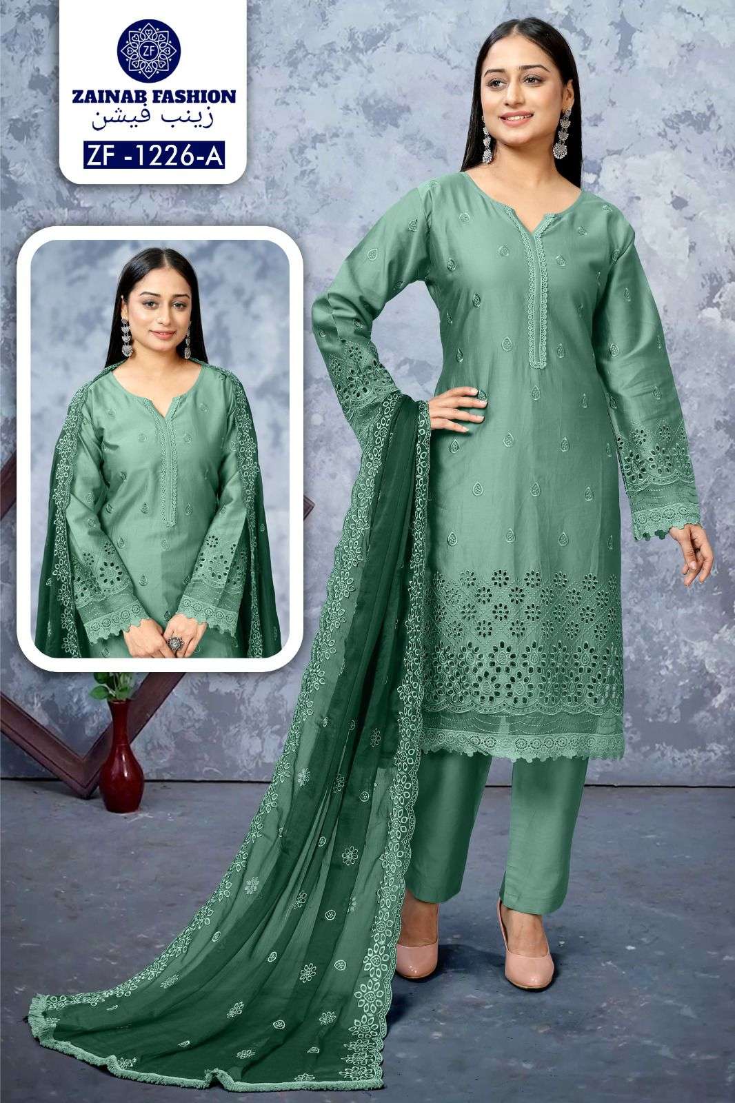 ZF-1226 NX BY ZAINAB FASHION FANCY SATIN COTTON CUT WORK STITCHED DRESSES