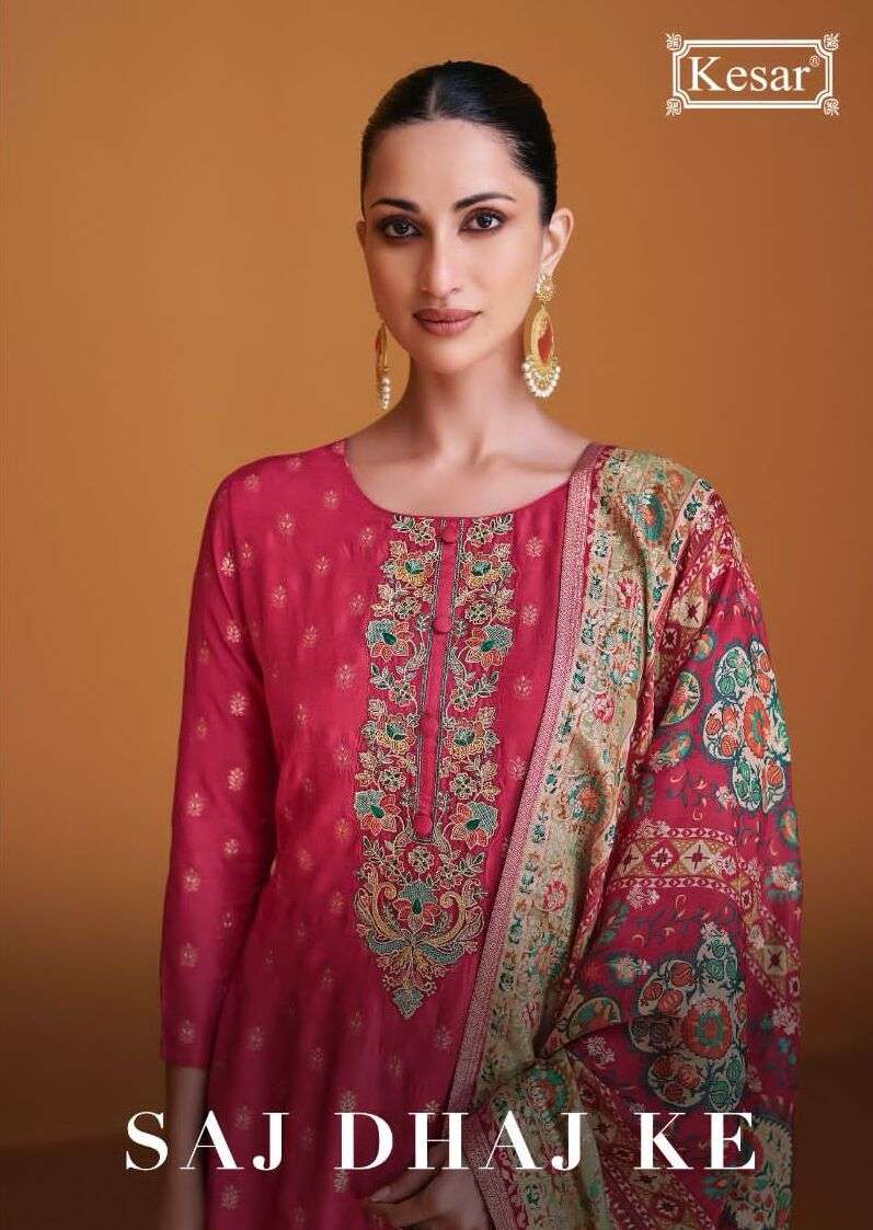 SAJ DHAJ KE BY KESAR 18001 TO 18006 SERIES PURE MUSLIN EMBROIDERY DRESSES