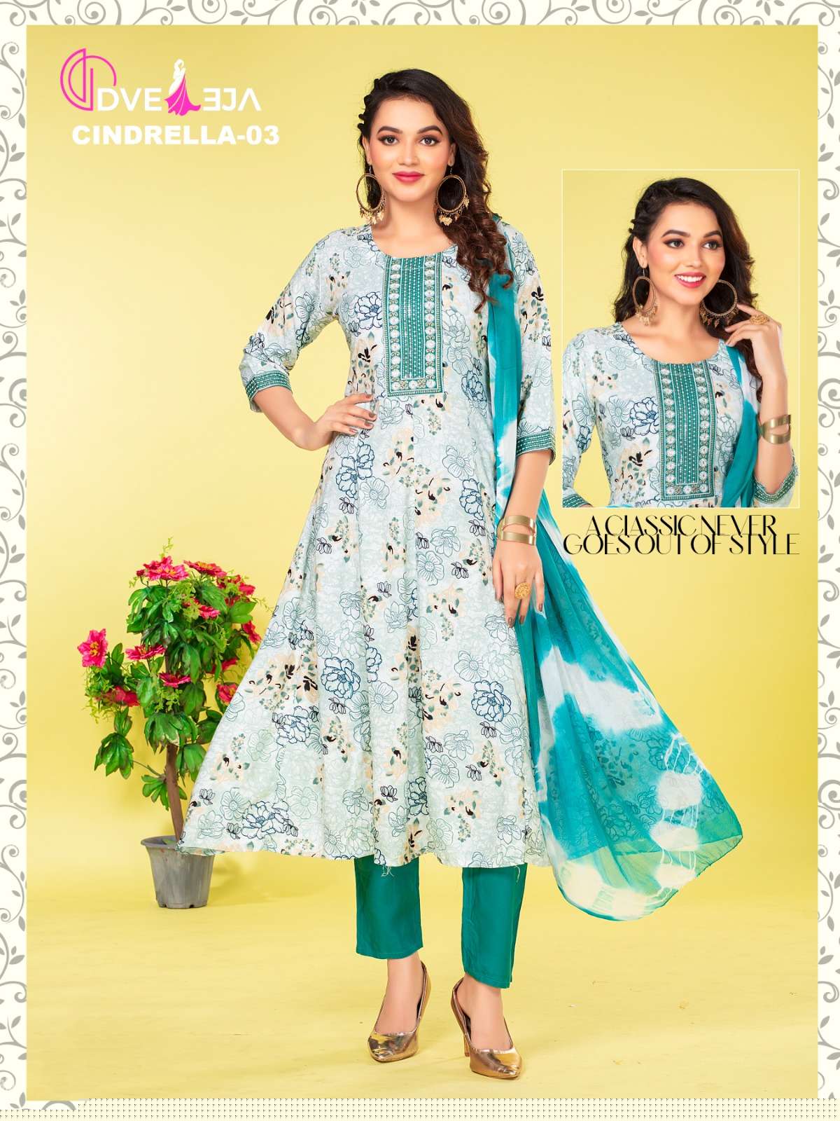 CINDRELLA BY DVEEJA 01 TO 14 SERIES FANCY RAYON FOIL PRINTS EMBROIDERY DRESSES