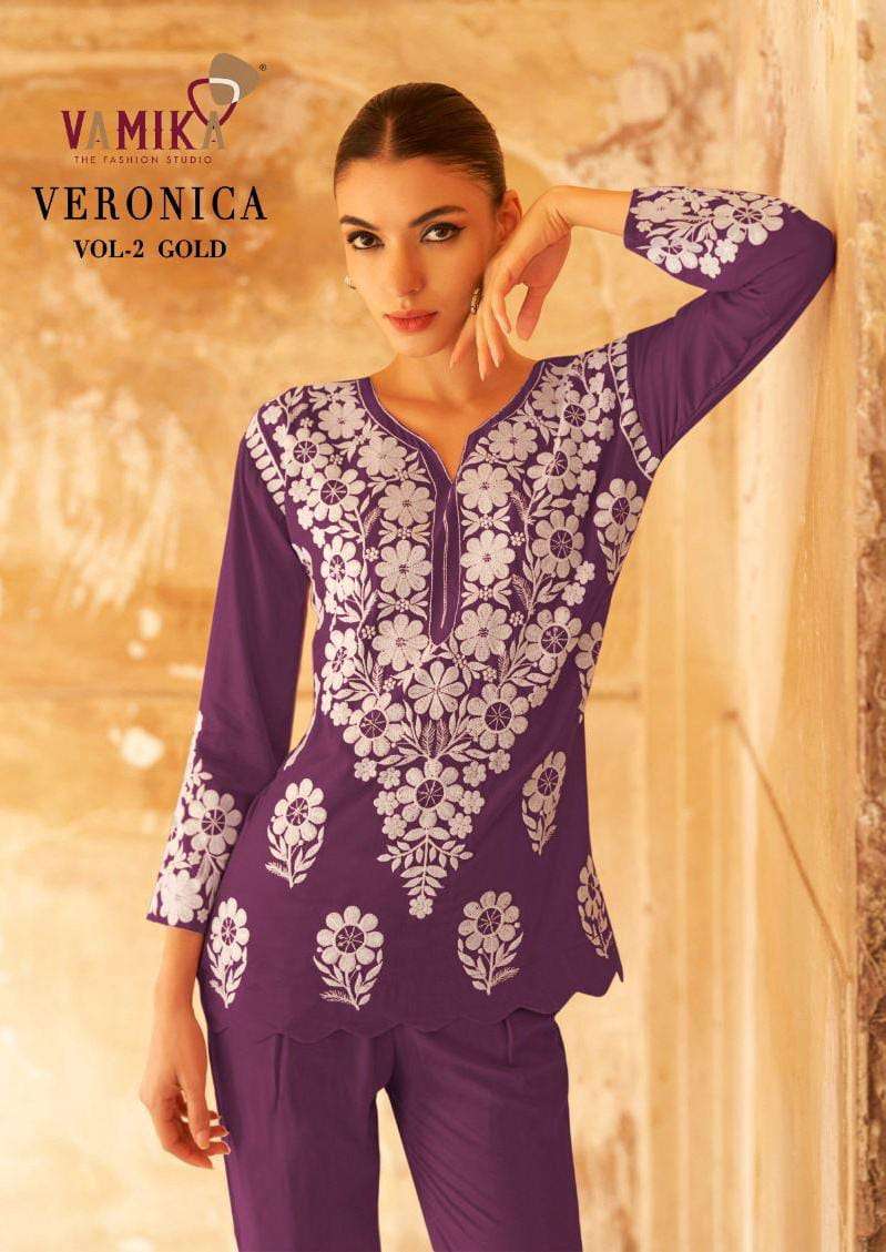 VERONICA VOL-02 GOLD BY VAMIKA 111-F TO 111-J SERIES RAYON STITCHED CO-ORD SET