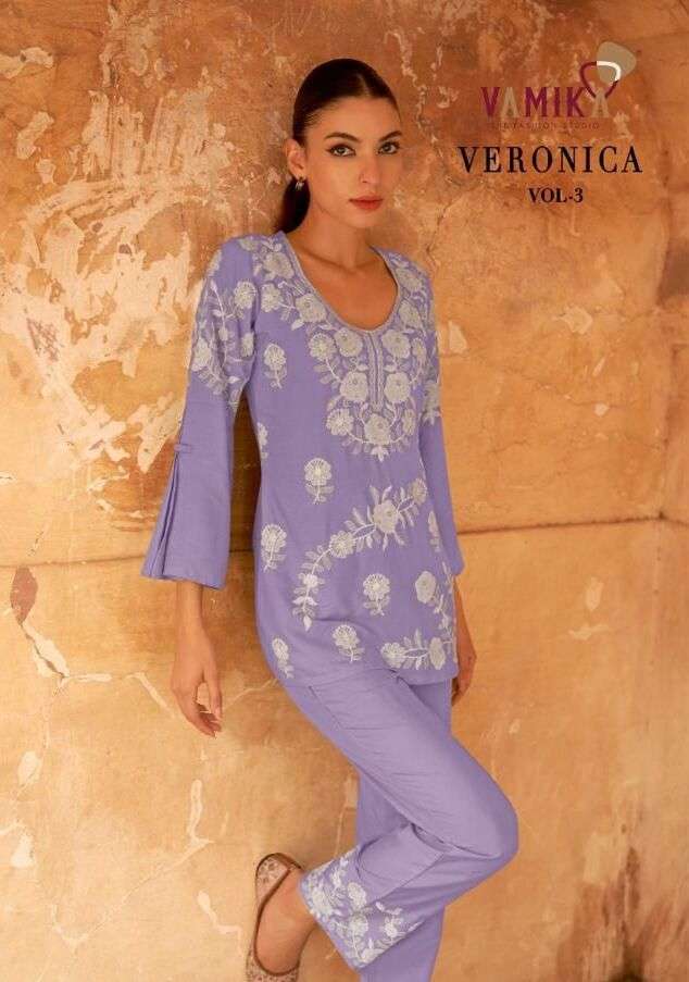 VERONICA VOL-03 BY VAMIKA 112-A TO 112-E SERIES RAYON STITCHED CO-ORD SET