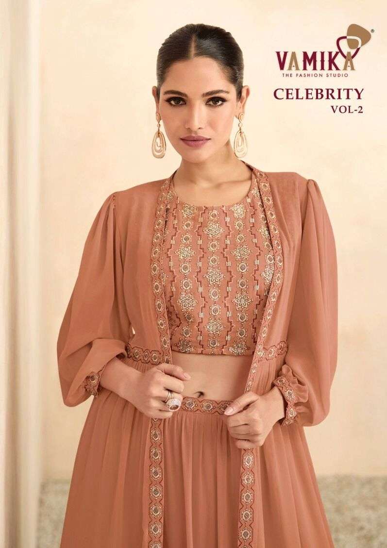 CELEBRITY VOL-2 BY VAMIKA 607-A TO 607-D SERIES DESIGNER MALAI SILK TOP & LEHENGAS