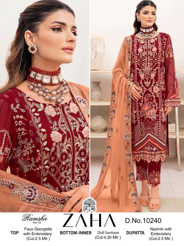 RAMSHA VOL-15 BY ZAHA DESIGNER FAUX GEORGETTE EMBROIDERED PAKISTANI DRESSES