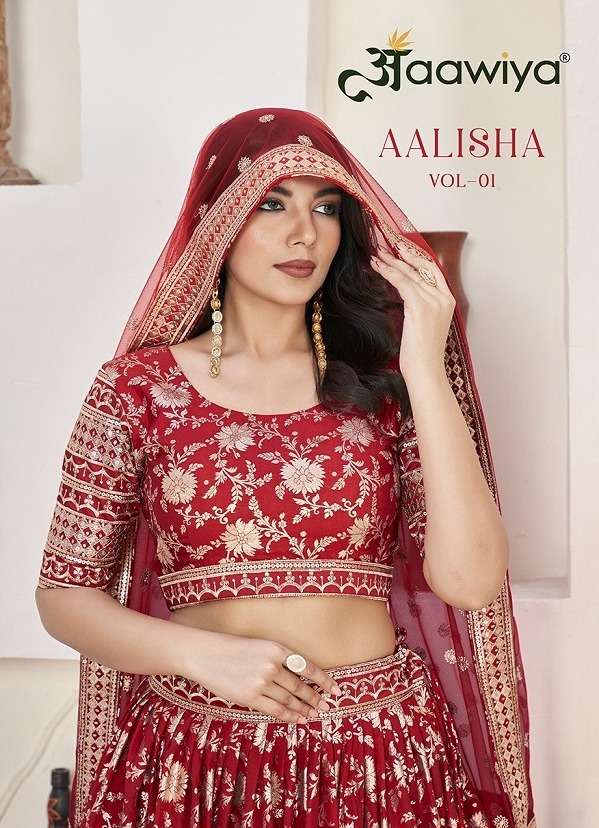 AALISHA VOL-1 BY AAWIYA 1011 TO 1020 SERIES HEAVY DOLA JACQUARD WORK LEHENGAS