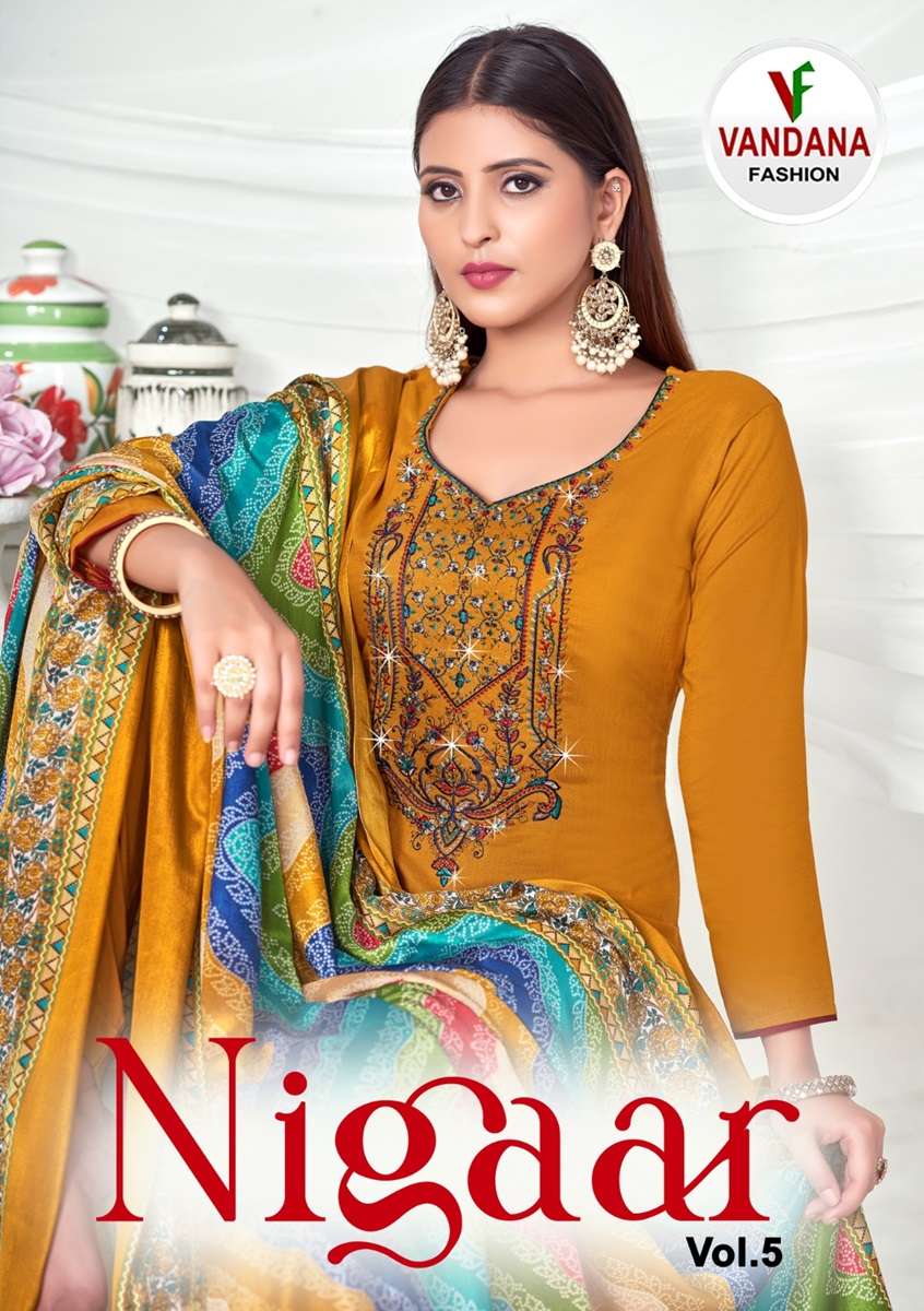 NIGAAR VOL-5 BY VANDANA FASHION 5001 TO 5008 SERIES RAYON SLUB PRINTED DRESSES