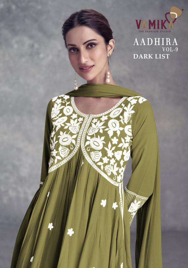 AADHIRA VOL-9 DARK BY VAMIKA 1111-I TO 1111-J SERIES RAYON VISCOSE LUCKNOWI DRESSES