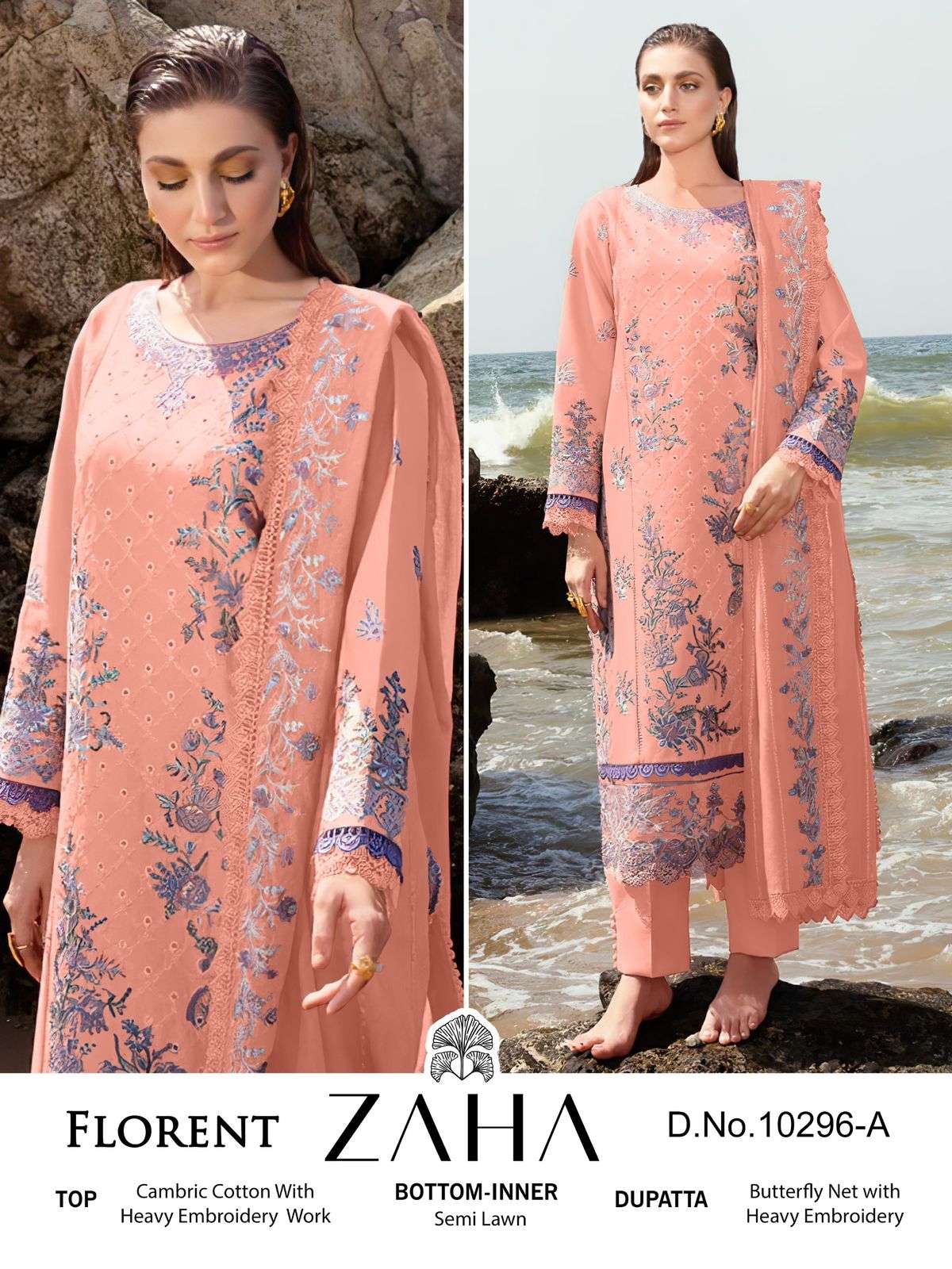 FLORENT VOL-01 BY ZAHA 10296-A TO 10296-D SERIES CAMBRIC COTTON PAKISTANI DRESSES