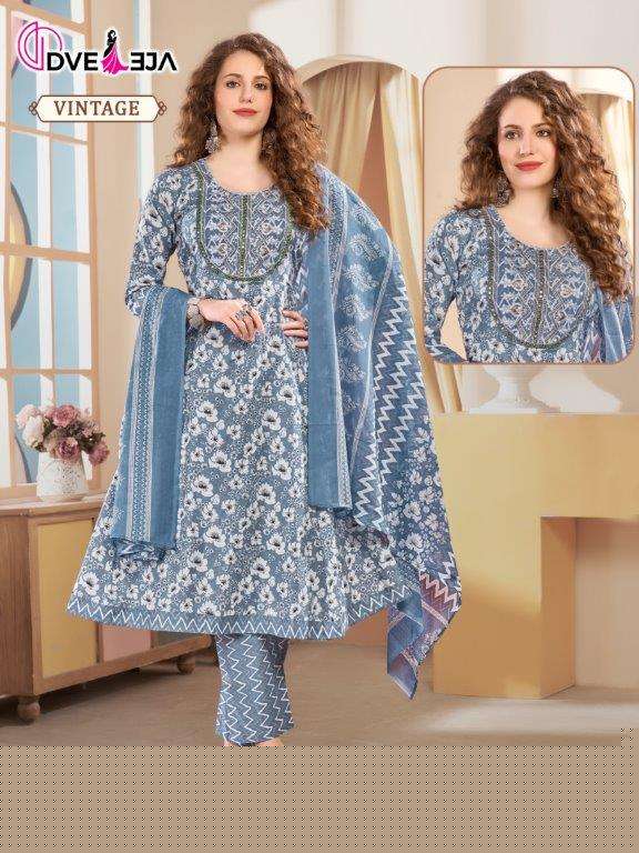 VINTAGE BY DVEEJA 01 TO 21 SERIES FANCY COTTON FOIL PRINTS EMBROIDERY DRESSES