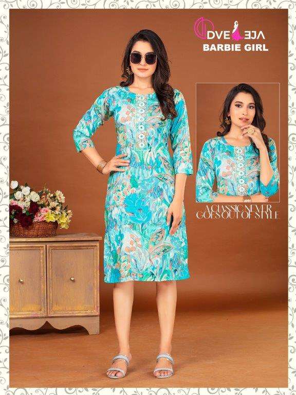 BARBIE GIRL SERIES BY DVEEJA 01 TO 25 SERIES FANCY RAYON EMBROIDERY KURTIS