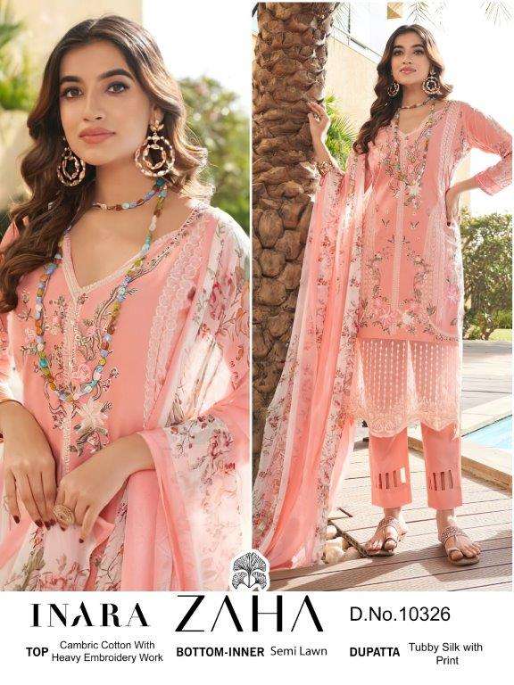 INARA VOL-01 BY ZAHA 10326 TO 10329 SERIES CAMBRIC COTTON PAKISTANI DRESSES