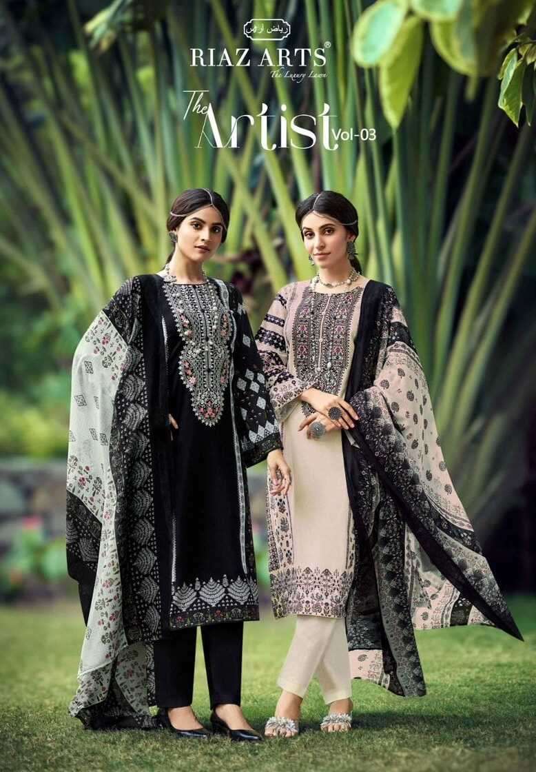 ARTIST VOL-03 BY RIAZ ARTS 14001 TO 14008 SERIES KARACHI LAWN PRINT EMBROIDERY DRESSES