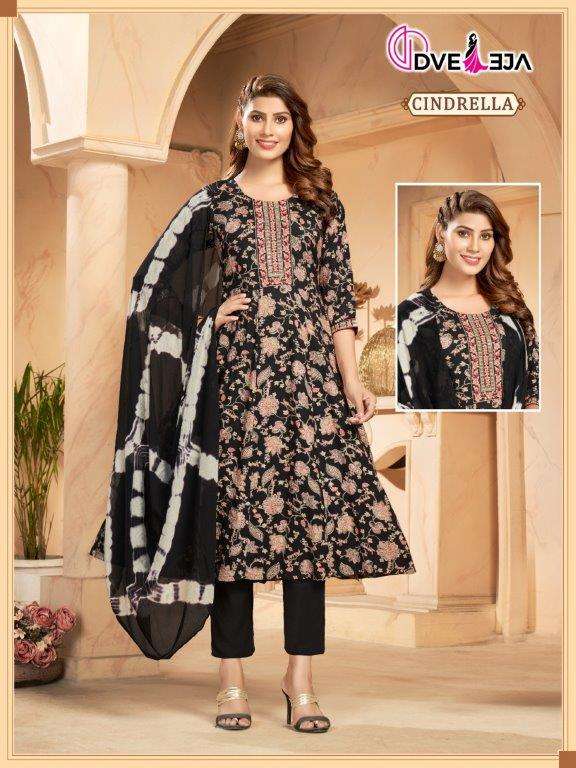 CINDRELLA SERIES  BY DVEEJA 01 TO 22 SERIES FANCY RAYON FOIL PRINTS EMBROIDERY DRESSES