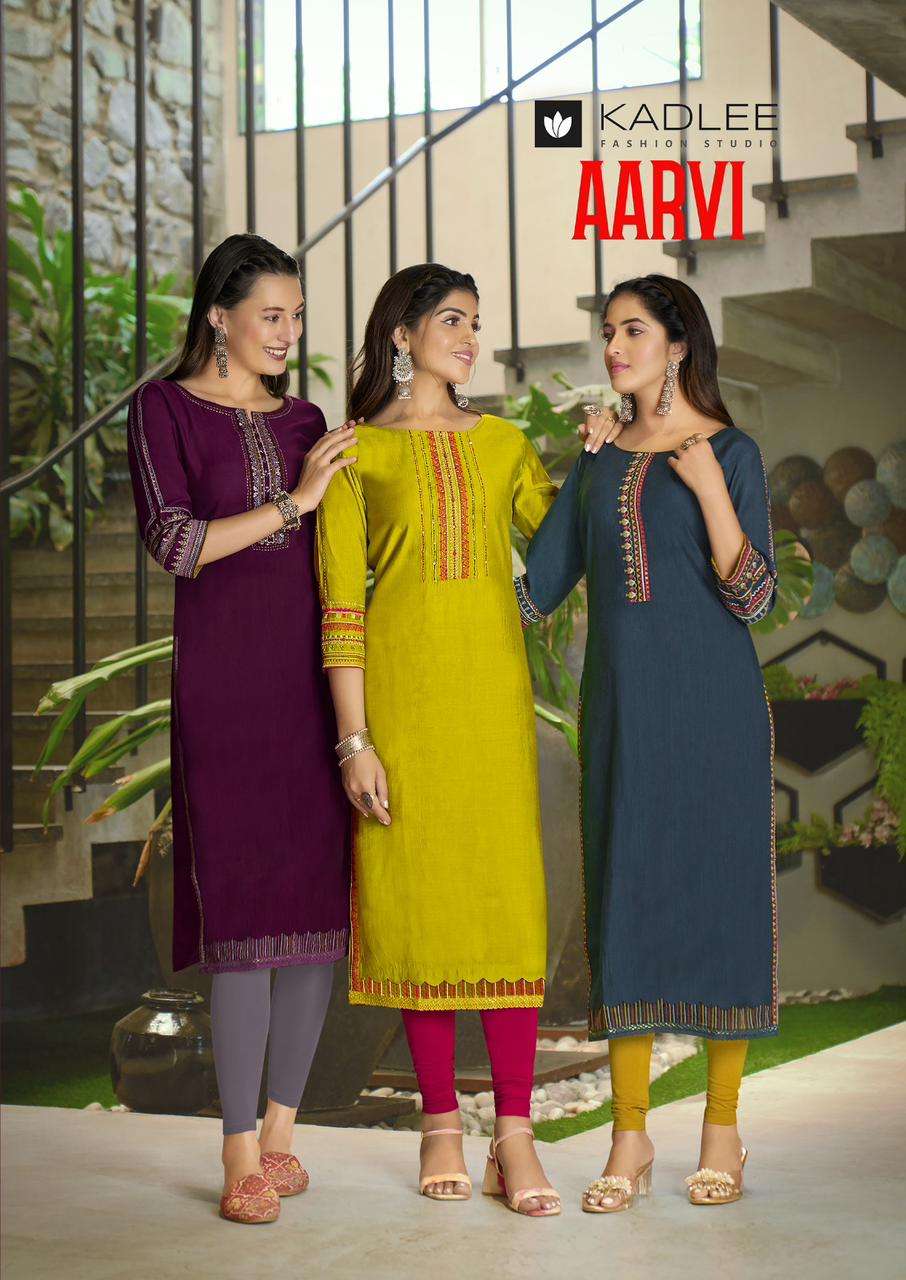 AARVI BY KADLEE 1001 TO 1005 SERIES FANCY VISCOSE WEAVING PRINT KURTIS