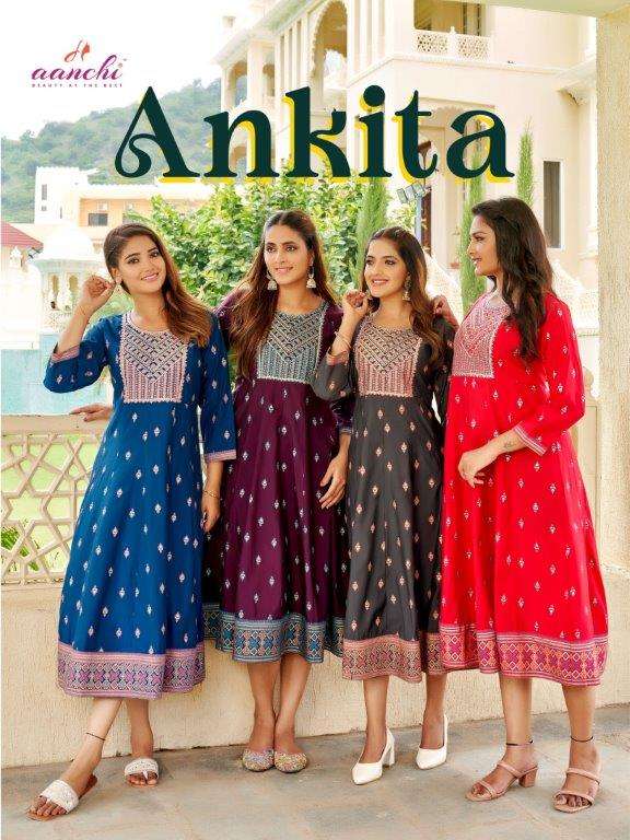 ANKITA BY AANCHI 1001 TO 1006 SERIES FANCY ROMAN SILK PRINTED KURTIS