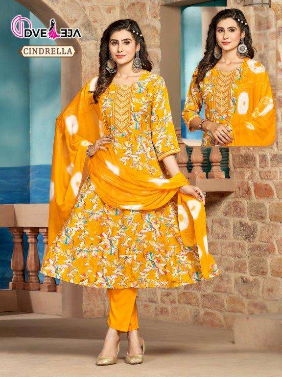 CINDRELLA SERIES-4  BY DVEEJA 01 TO 22 SERIES FANCY RAYON FOIL PRINTS EMBROIDERY DRESSES