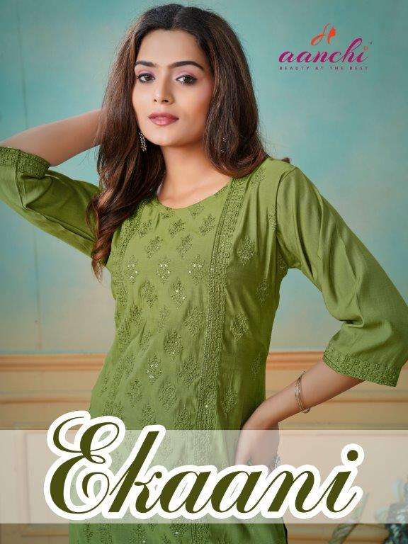 EKAANI BY AANCHI 1001 TO 1004 SERIES ROMAN SILK FANCY PRINTED KURTIS