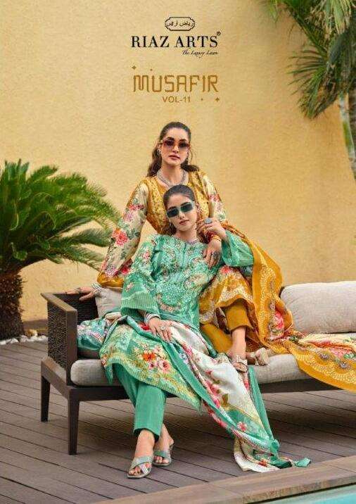 MUSAFIR VOL-11 BY RIAZ ARTS 15001 TO 15008 SERIES LAWN COTTON PRINT EMBROIDERY DRESSES