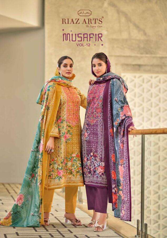 MUSAFIR VOL-12 BY RIAZ ARTS 10001 TO 10008 SERIES LAWN COTTON PRINT EMBROIDERY DRESSES