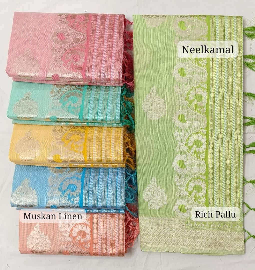 MUSKAN LINEN BY NEELKAMAL SAREES EXCLUSIVE DESIGNER LINEN RICH PALLU SAREES