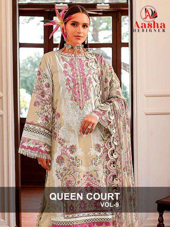 QUEENS COURTS VOL-9 BY AASHA DESIGNER HEAVY COTTON SELF EMBROIDERY DRESSES