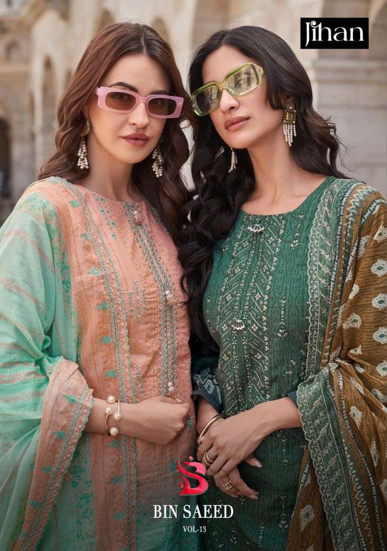 BIN SAEED VOL-13 BY JIHAN DESIGNER PURE HEAVY COTTON EMBROIDERY DRESSES