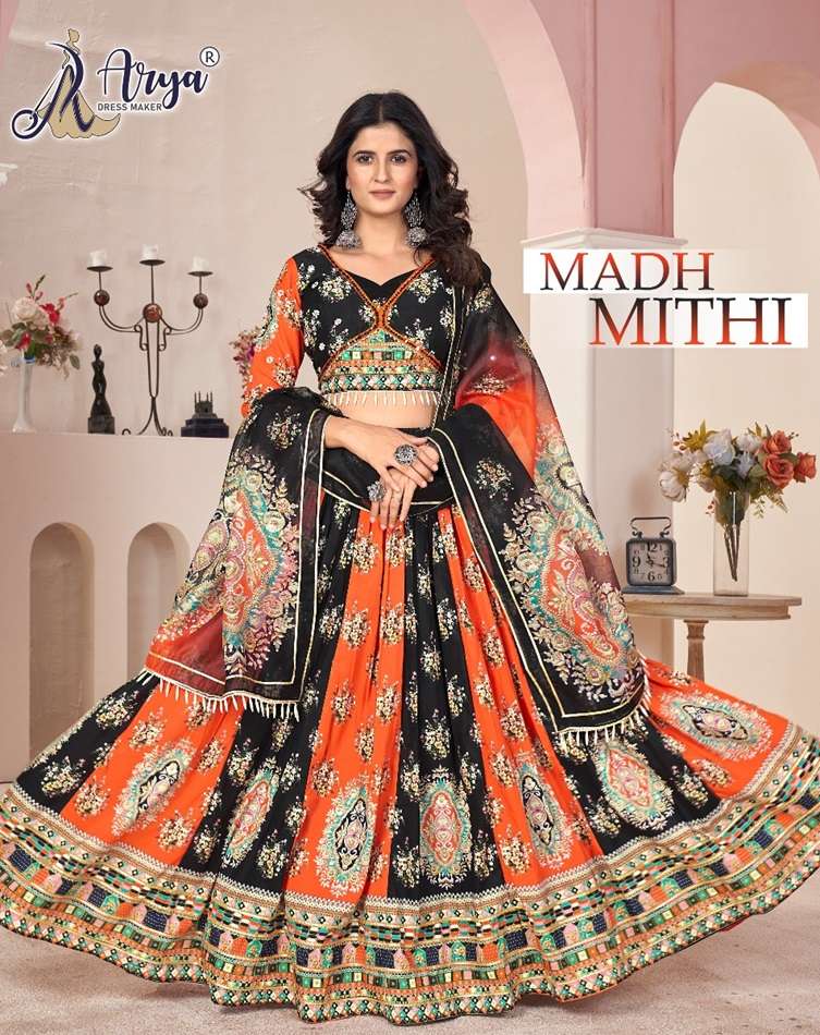 MADH MITHI BY ARYA DRESS MAKER DESIGNER FANCY COTTON MUSLIN PRINT LEHENGAS