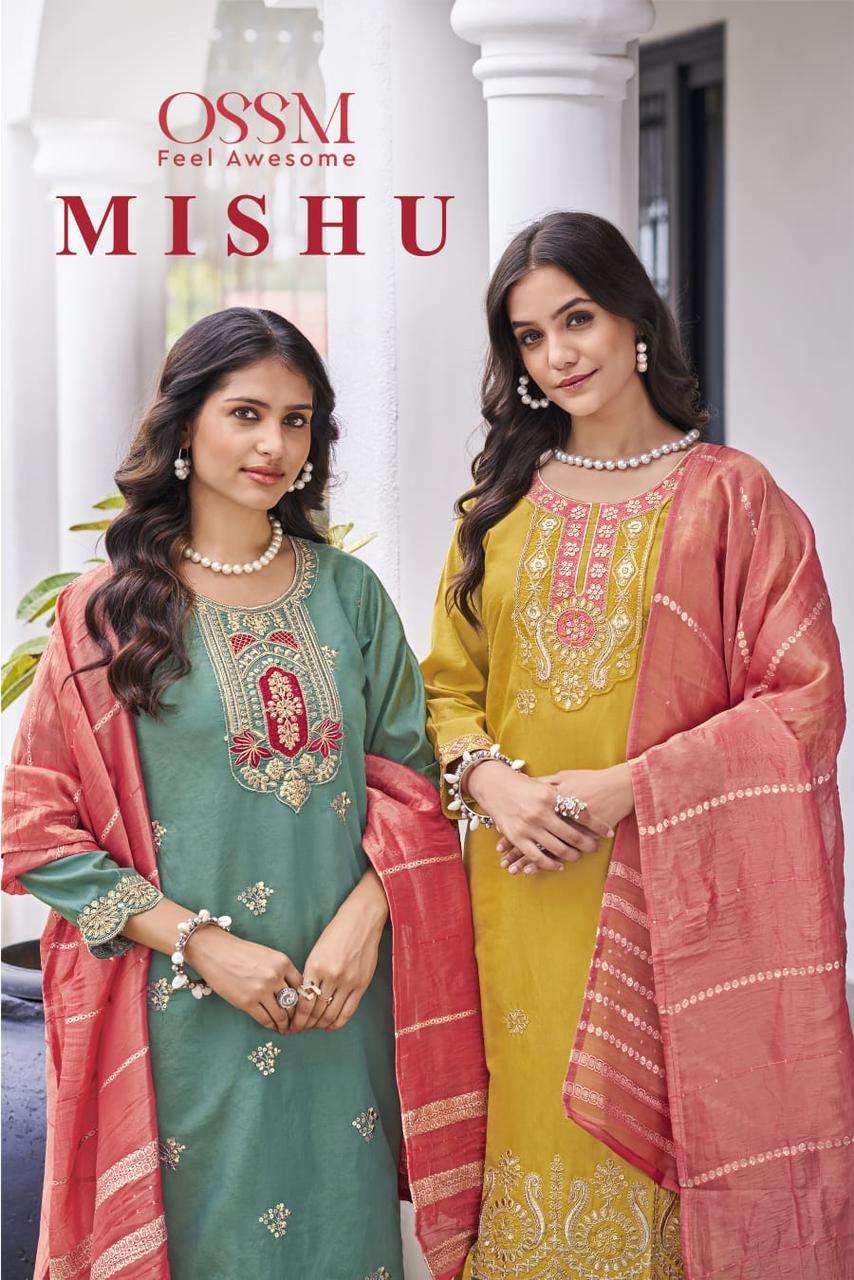 MISHU BY OSSM 101 TO 104 SERIES FANCY PURE ROMAN SHIMMER WORK DRESSES