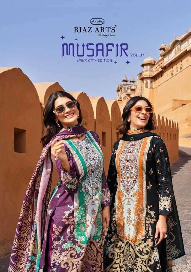 MUSAFIR VOL-07 BY RIAZ ARTS 3401 TO 3408 SERIES LAWN COTTON PRINT EMBROIDERY DRESSES