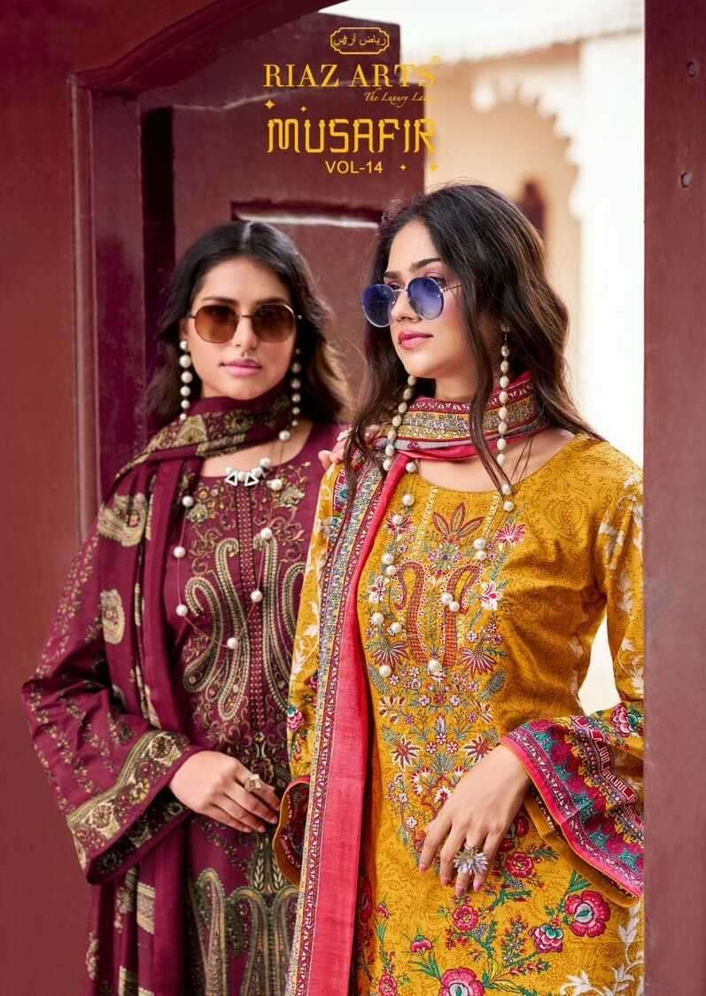 MUSAFIR VOL-14 BY RIAZ ARTS 19001 TO 19008 SERIES LAWN COTTON PRINT EMBROIDERY DRESSES