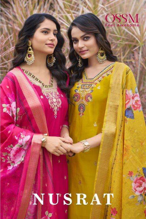 NUSRAT BY OSSM 101 TO 106 SERIES FANCY PURE VISCOSE ROMAN SILK WORK DRESSES