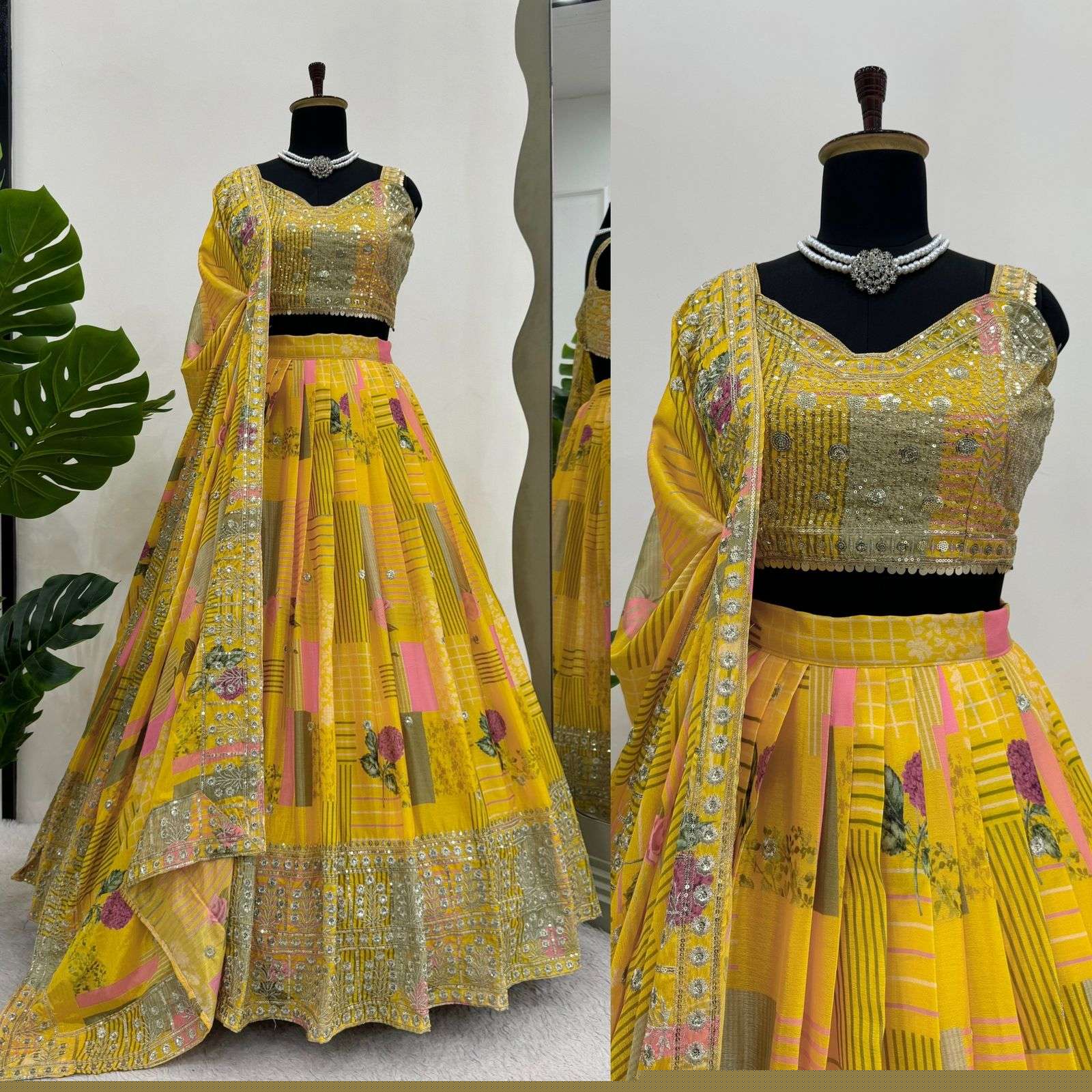 QRC-293 COLOR BY ASLIWHOLESALE DESIGNER FANCY CHINON SILK LEHENGAS