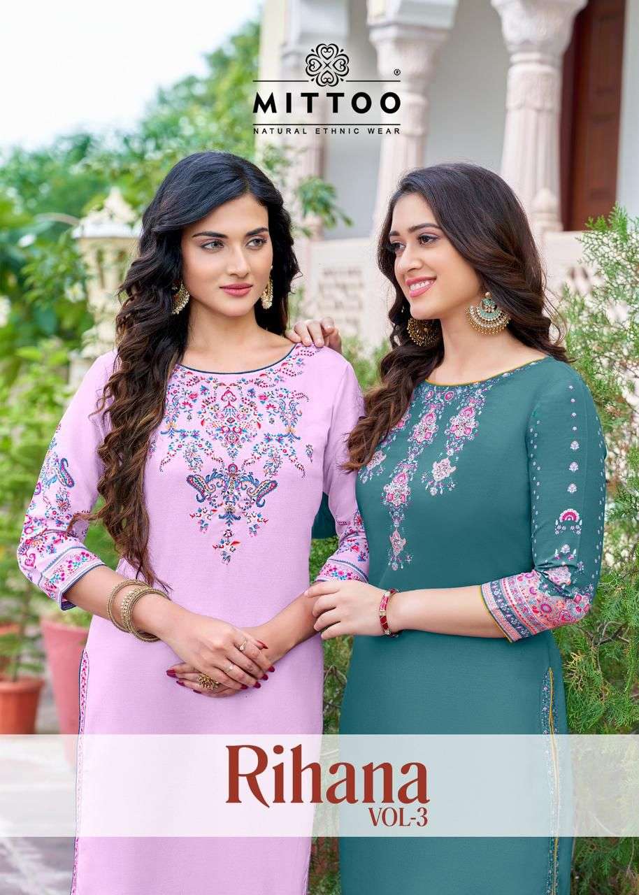 RIHANA VOL-3 BY MITTOO 6013 TO 6018 SERIES HEAVY RAYON WORK KURTIS