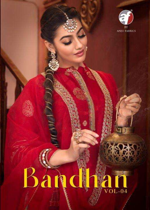 BANDHAN VOL-04 BY ANJU FABRICS 3941 TO 3945 SERIES DOLA SILK STITCHED DRESSES