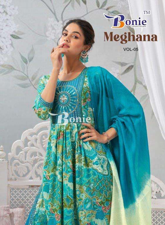 MEGHANA VOL-05 BY BONIE 1001 TO 1006 SERIES RAYON MILL PRINTED DRESSES