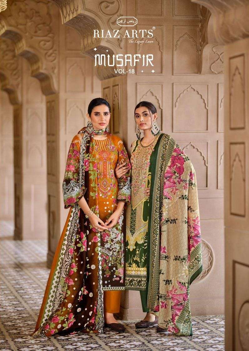 MUSAFIR VOL-18 BY RIAZ ARTS 29001 TO 29008 SERIES LAWN COTTON PRINT EMBROIDERY DRESSES