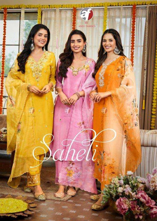 SAHELI VOL-01 BY ANJU FABRICS 3961 TO 3966 SERIES PURE TISSUE SHIMMER STITCHED DRESSES