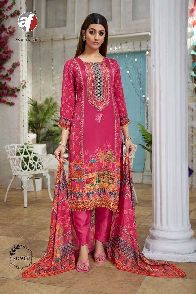 AF-9357 BY ANJU FABRICS DESIGNER FANCY PURE NATURAL CREPE PUNJABI DRESSES