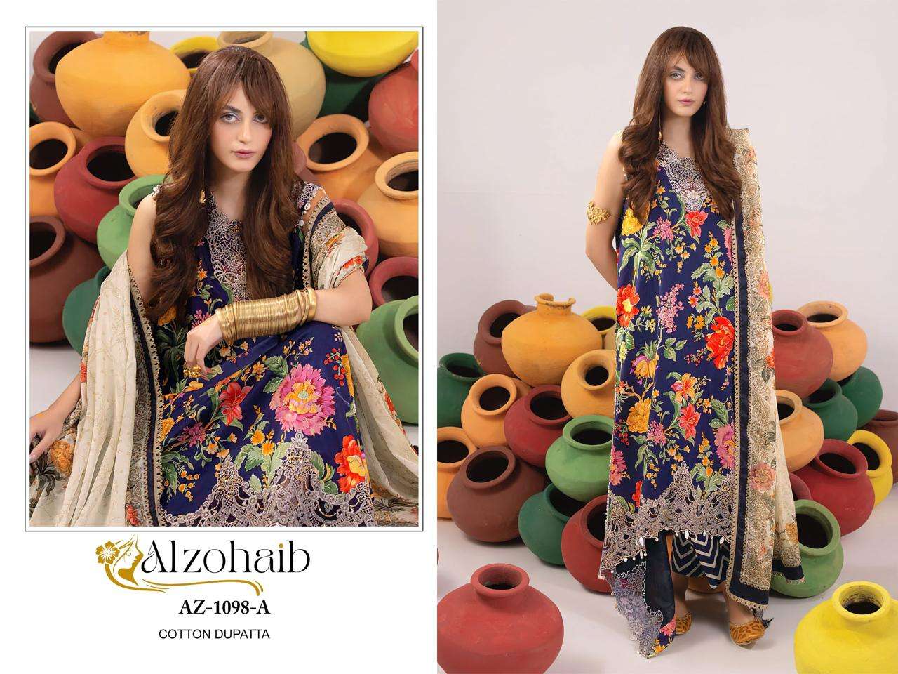 AZ-1098 NX BY ALZOHAIB HEAVY EMBROIDERED PURE COTTON PAKISTANI DRESSES