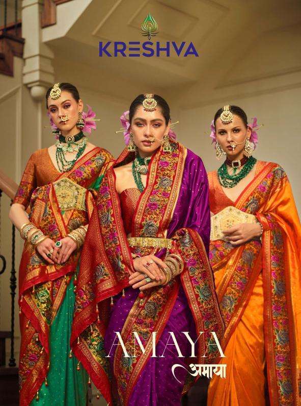 AMAYA BY KRESHVA 445 TO 453 SERIES SOFT PV BANARSI SILK PRINTED SAREES