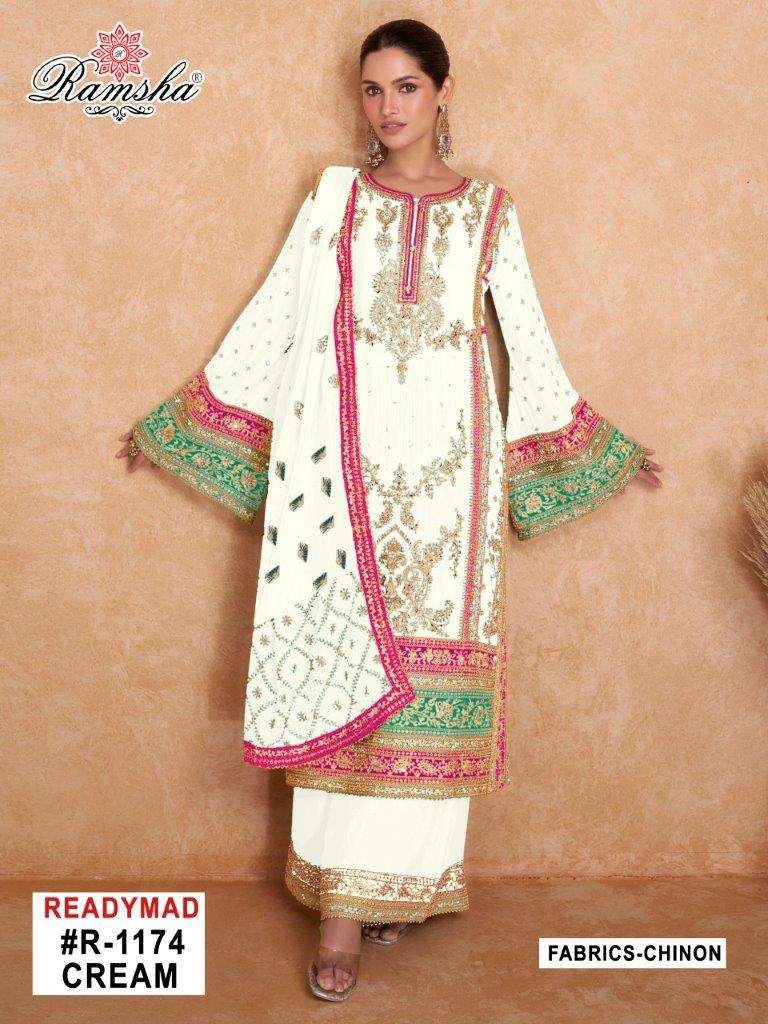 R-1174 CREAM NX BY RAMSHA HEAVY EMBROIDERED CHINON PAKISTANI DRESSES